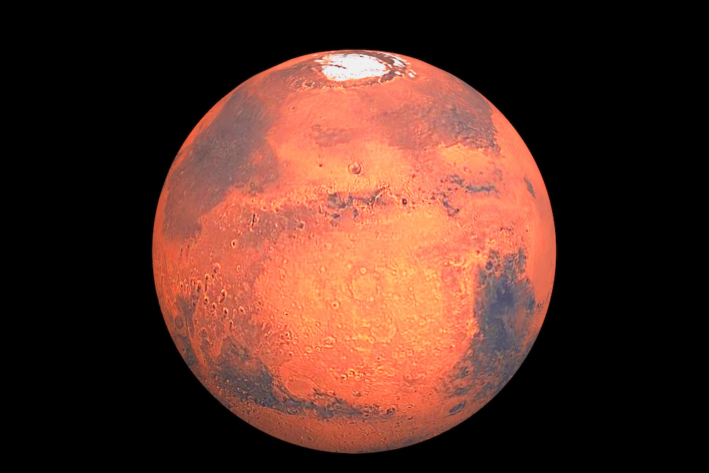 A graphic rendering of Mars, showing its icy northern lowlands. Researchers at UT Austin have developed a new mathematical tool for predicting groundwater levels on the Red Planet. Credit: Oden Institute.