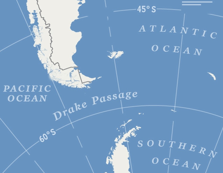 The Drake Passage, which is both famously dangerous and a key component of the world's ocean circulation. Both large-scale and smaller-scale phenomena, such as eddies, that run through it make it a fascinating region to study and model. Credit: National Geographic