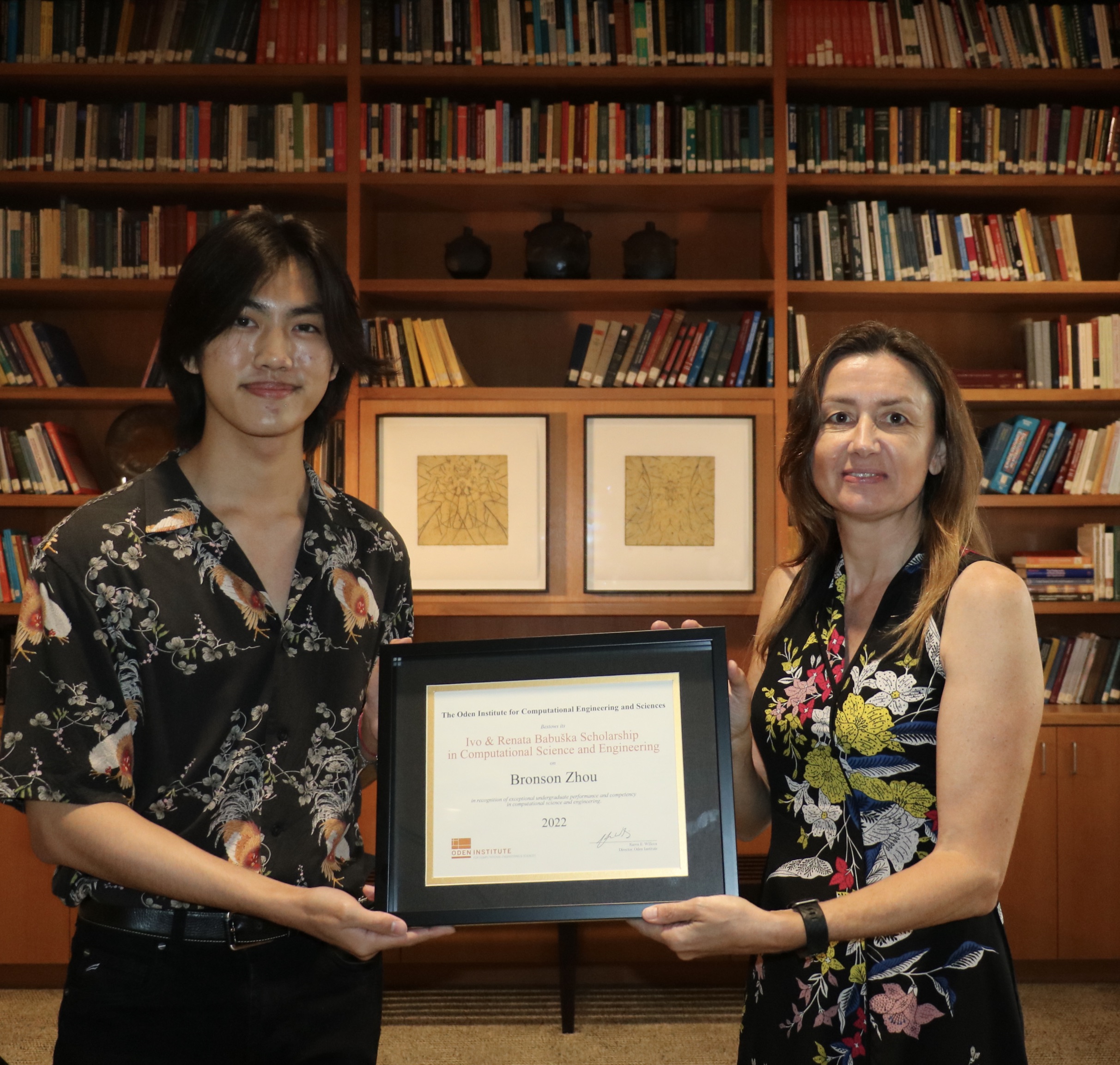 Bronson Zhou receiving his award from Karen Willcox in May.