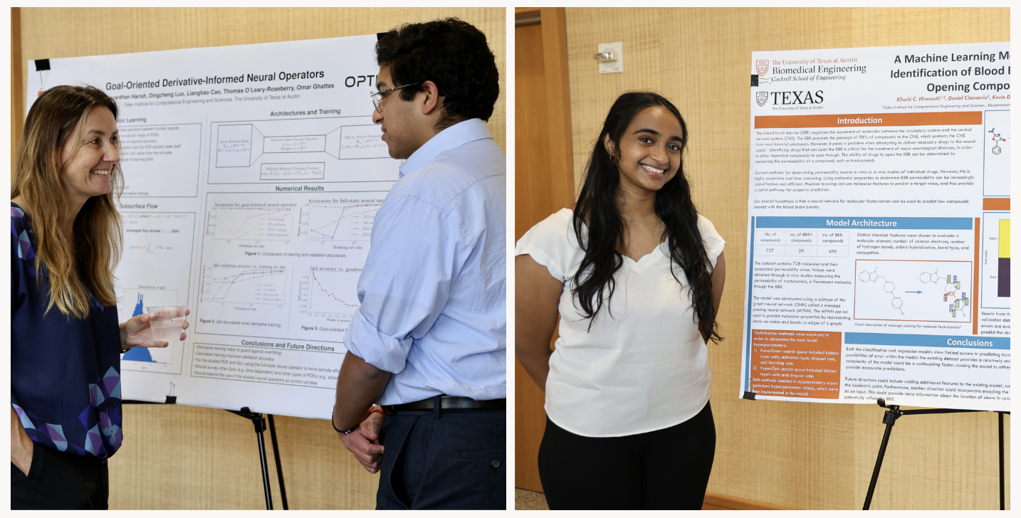 Harsha Harish presenting his poster, "Goal-Oriented Derivative Informed Neural Operators," to Dr. Karen Willcox, and Khushi Hiremath presenting her research poster, "A Machine Learning Model for Identification of Blood Brain Barrier Opening Compounds."
