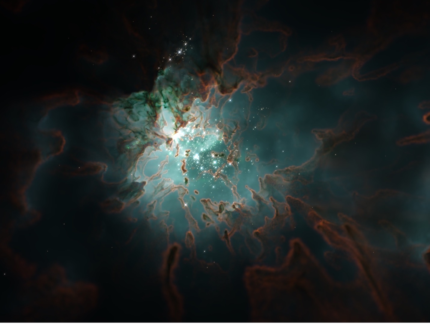 Mock narrowband observation of a simulated star-forming region where massive stars destroy their parent cloud. Credit: STARFORGE